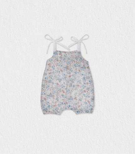Baby Girl Romper Mila with white ribbon sleeves and snap buttons.