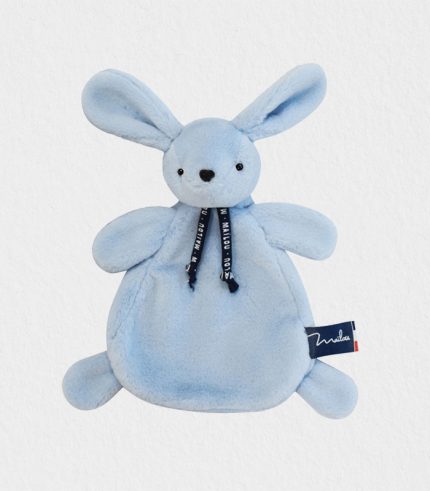 Close-up of a blue Bunny baby comforter made from 100 % polyester in Brittany, France, highlighting its plush texture and softness for newborns – Dubai baby gift shipped worldwide.