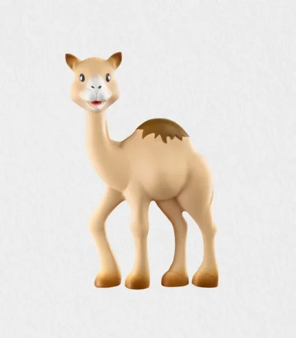 Close-up of the 18 cm Natural Rubber Teether dromedary by Sophie La Girafe showing soft touch texture, easy-grab legs, and long neck crafted from 100% natural rubber with food grade paint finish—Dubai baby gift shipped worldwide