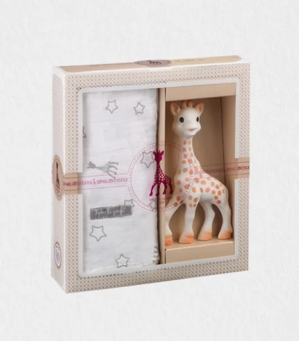 Close-up of the natural rubber toy high-contrast spots and textured grip sections on a pastel background—natural rubber toy Dubai baby gift shipped worldwide