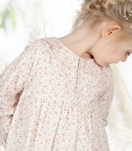 Elegant girls cotton dress with soft pink floral print and ruffled collar