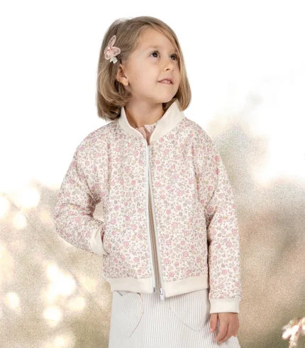 Stylish girl bomber jacket with floral print and ribbed cuffs